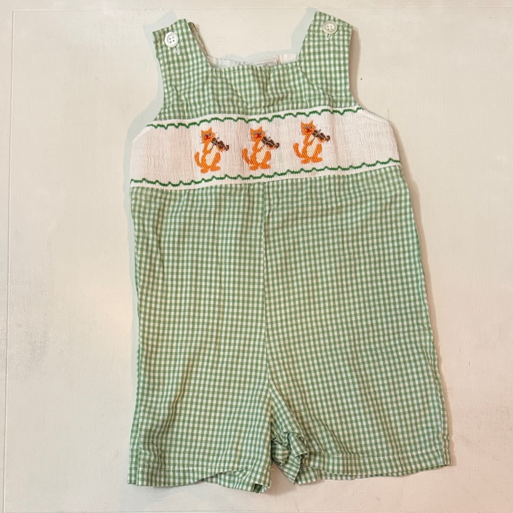 Fantasie Green Checkered Smoked Toddler Romper with cats playing violin